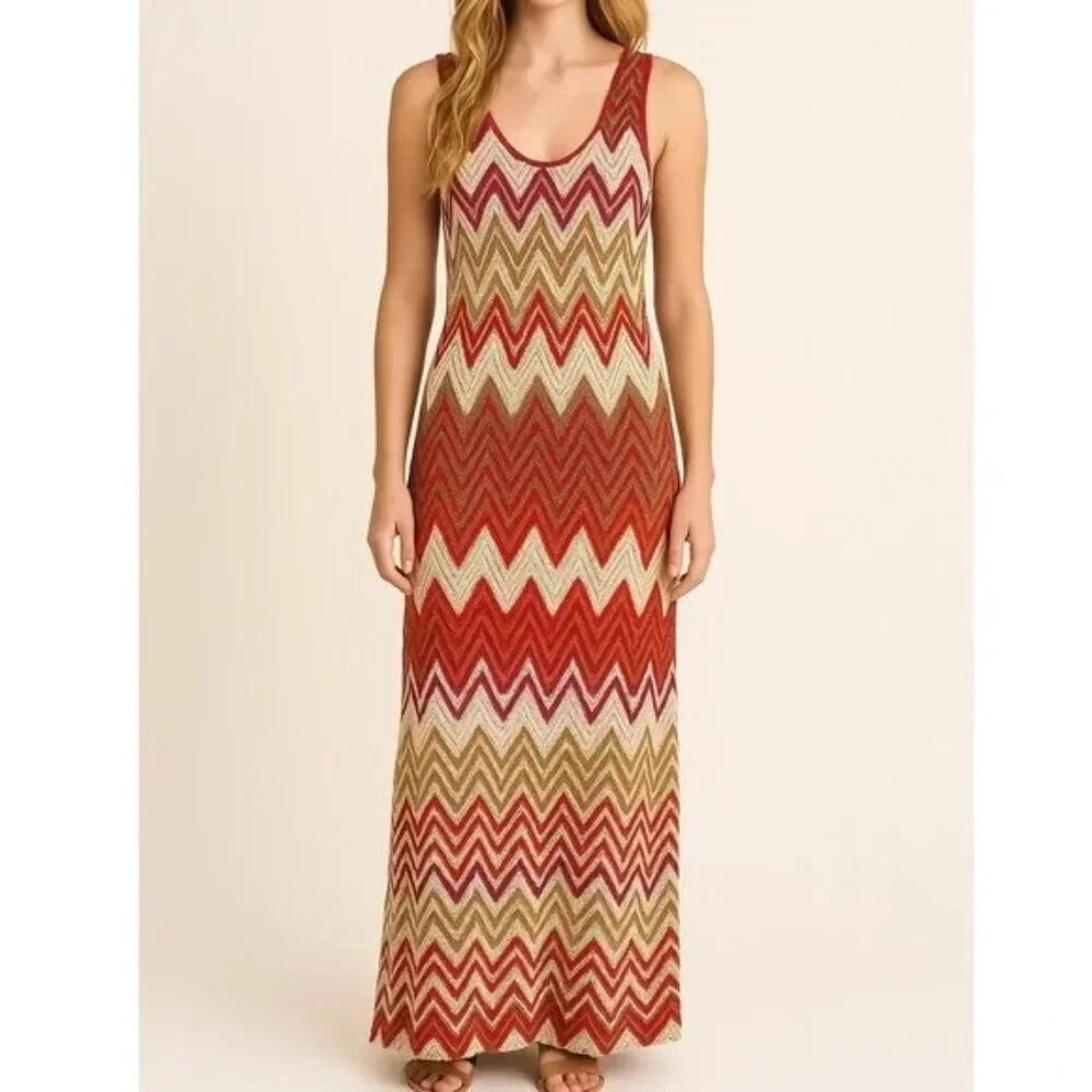 SANCTUARY Women Maxi Crochet Dress‎ Sleeveless Chevron Sz L Multicolor Boho 29-9